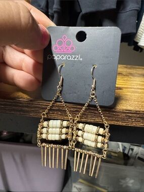 Paparazzi Gold and Cream Beaded Dangle Earrings